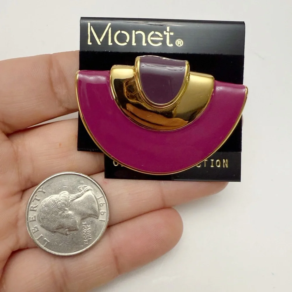 Vintage Monet Modernist Purple Hot Pink Half Circle Arched Enamel Brooch Pin